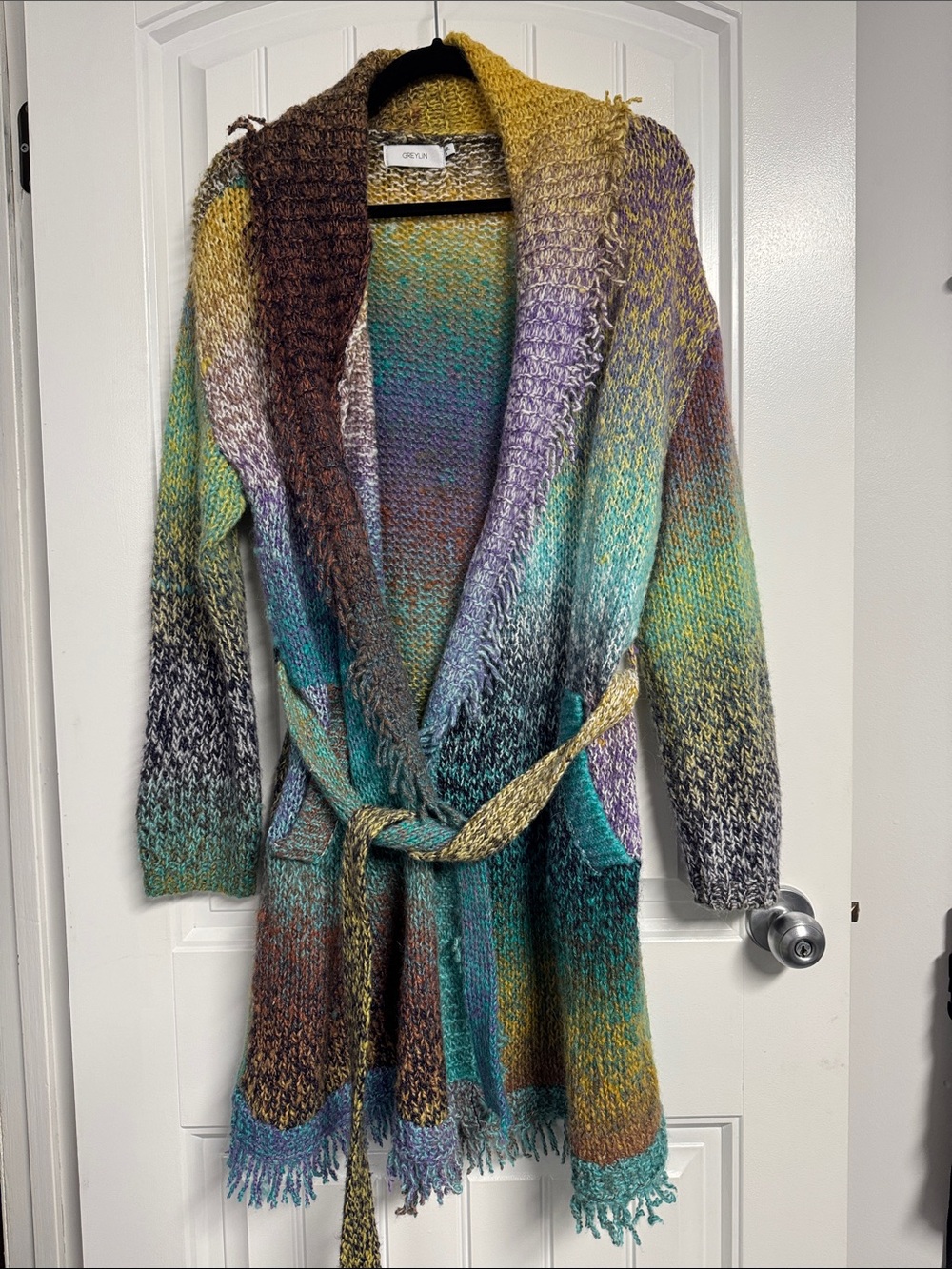 Anthropologie Multicolor Knit Belted Cardigan - teal, purple, yellow, brown - Picture 1 of 3